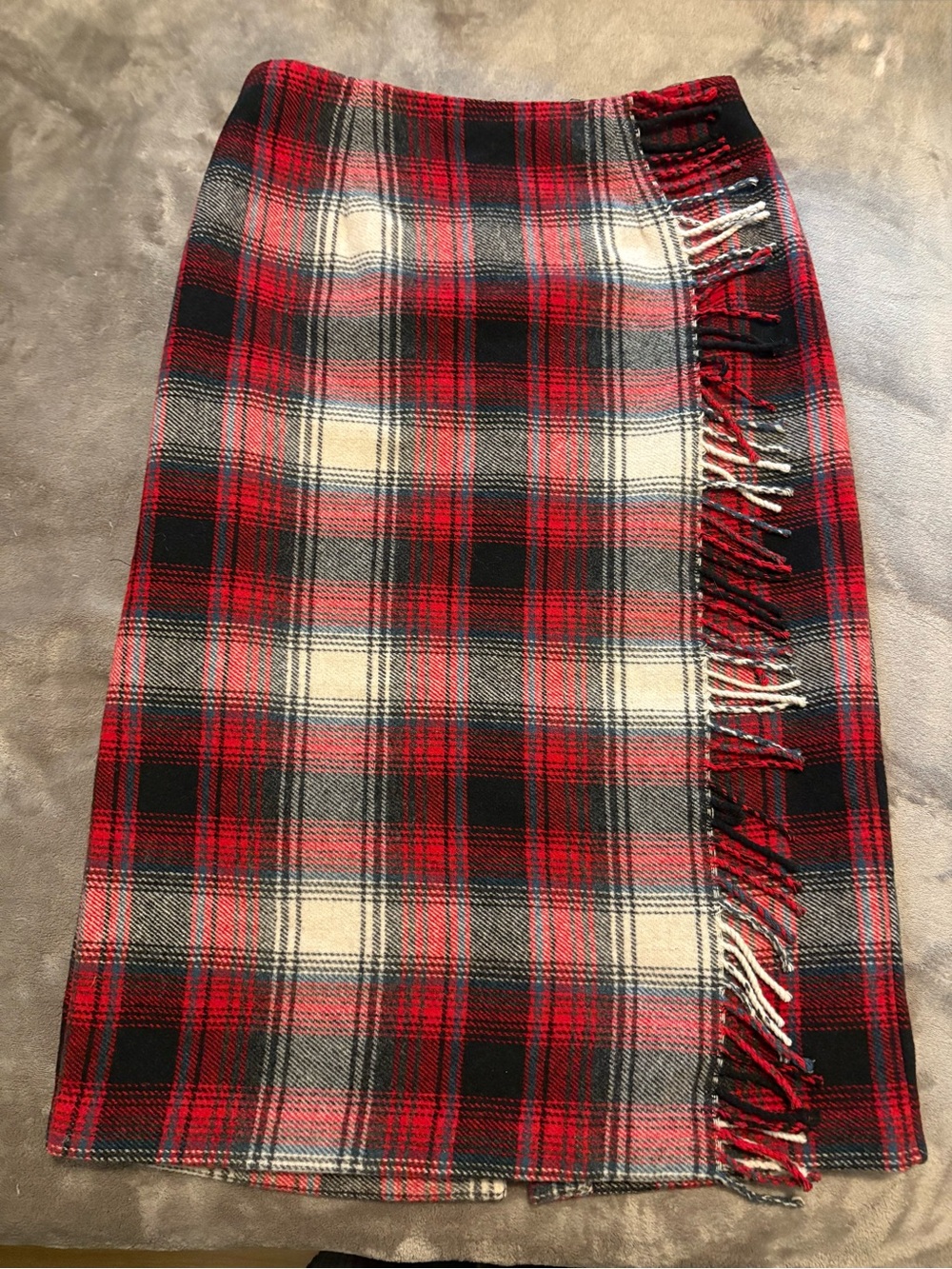 Talbots Red Black Cream Plaid Fringe A-Line Skirt